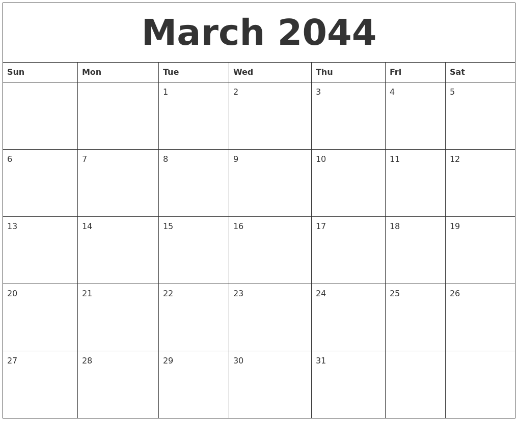 March 2044 Free Weekly Calendar