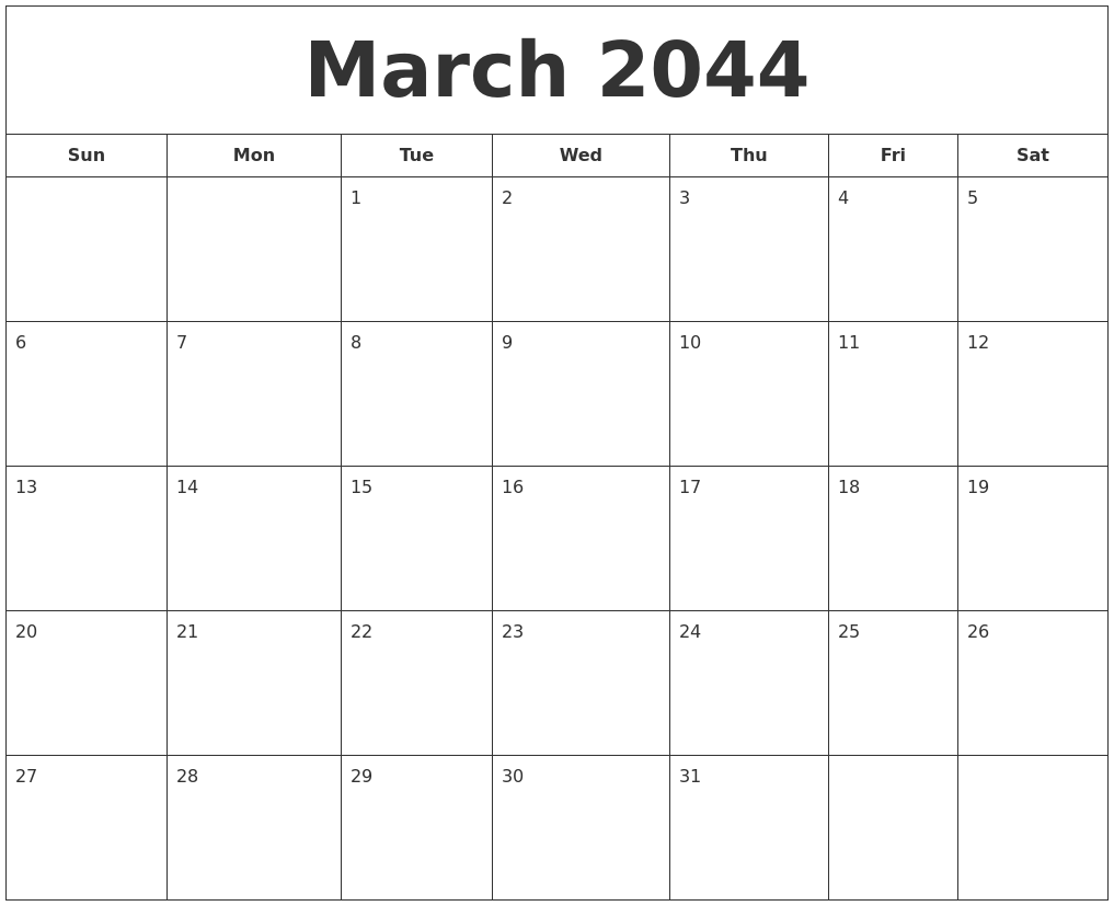 March 2044 Printable Calendar