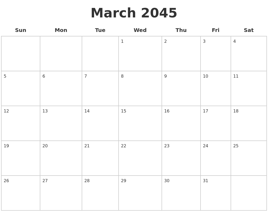 March 2045 Blank Calendar Pages