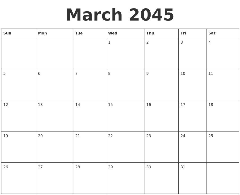 March 2045 Blank Calendar Template