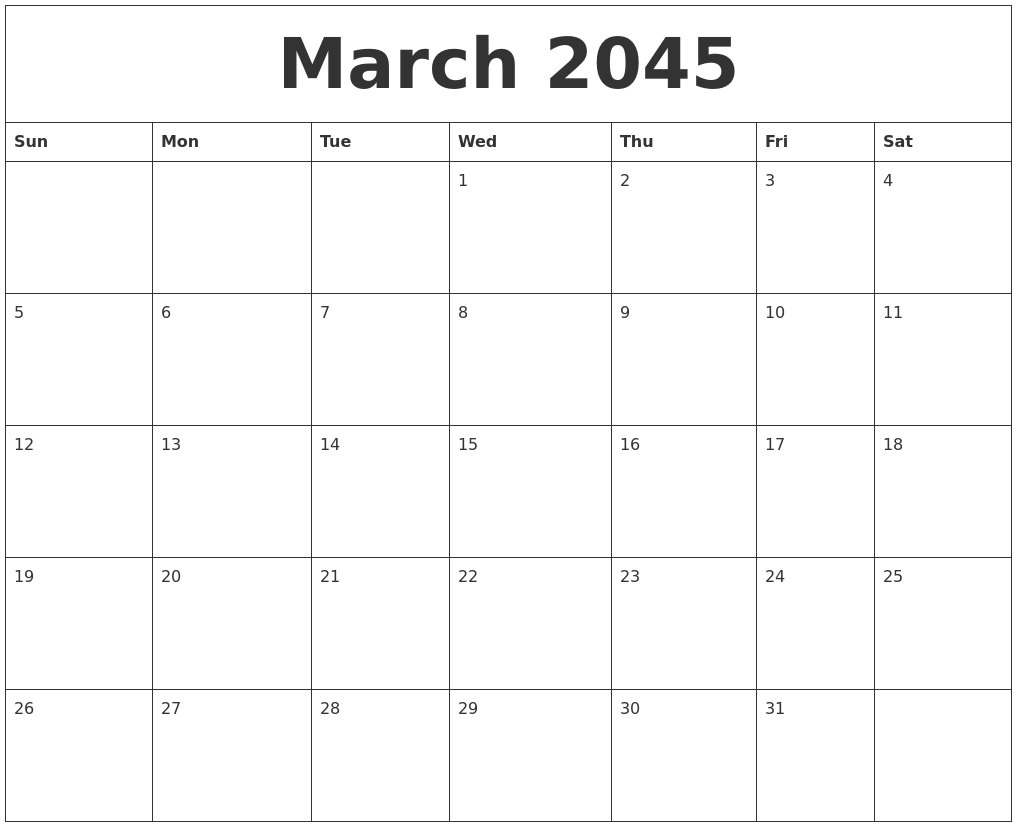 March 2045 Editable Calendar Template