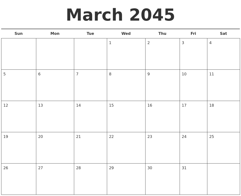 March 2045 Free Calendar Template