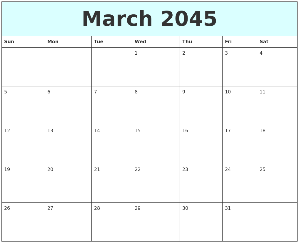 March 2045 Free Calendar