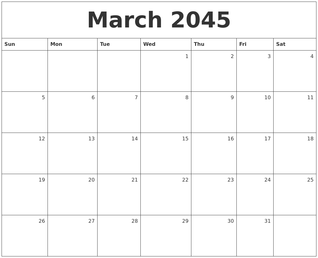 March 2045 Monthly Calendar