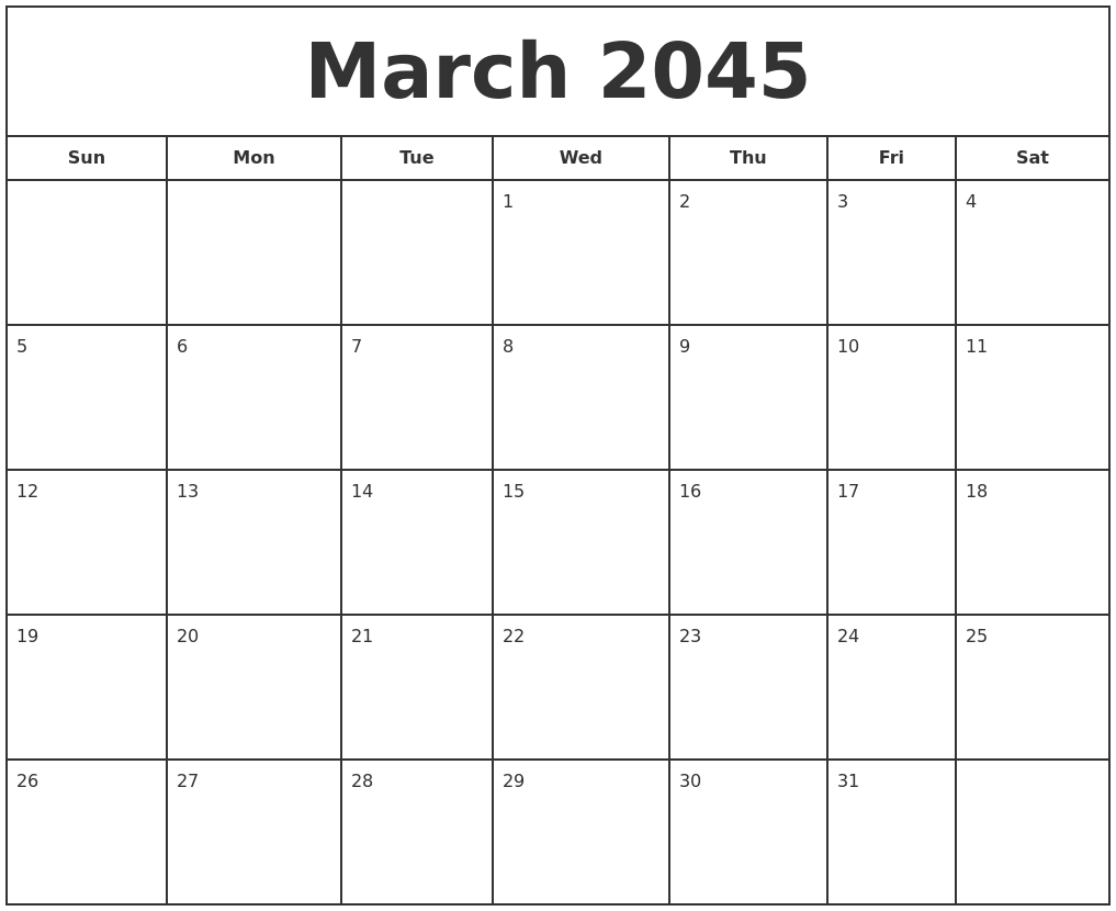 March 2045 Print Free Calendar