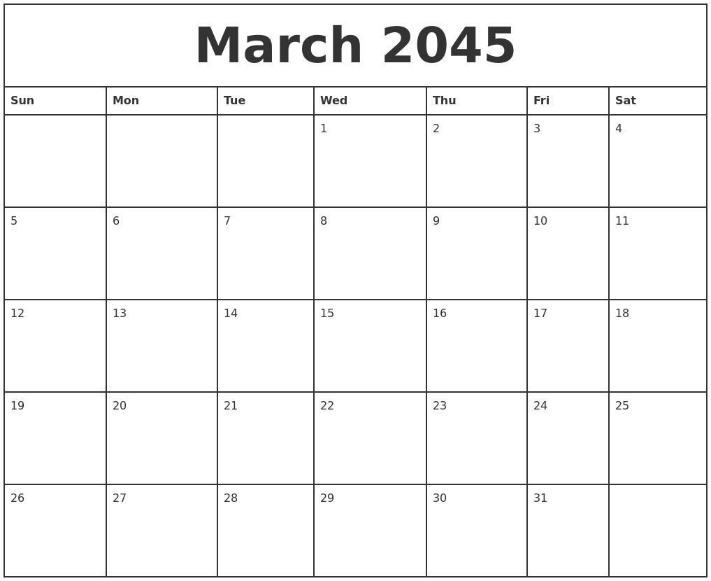 March 2045 Printable Monthly Calendar