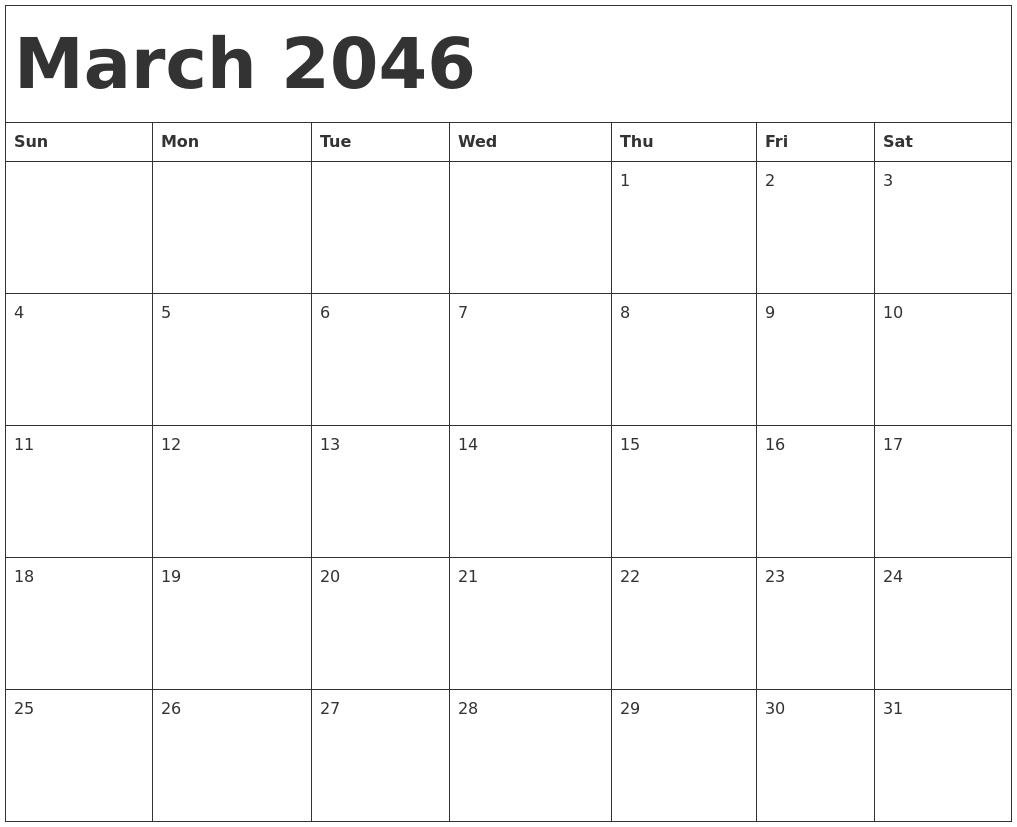 March 2046 Calendar Template