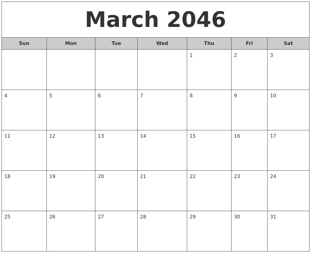 March 2046 Free Monthly Calendar