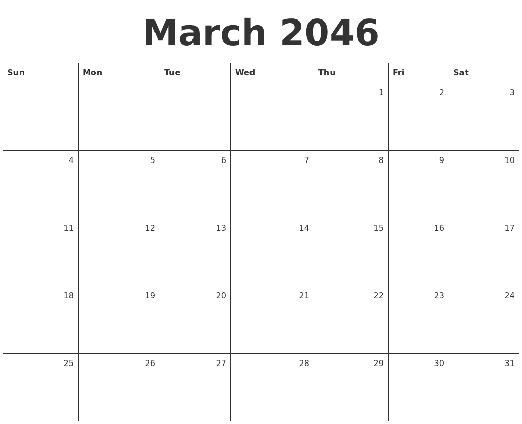 March 2046 Monthly Calendar