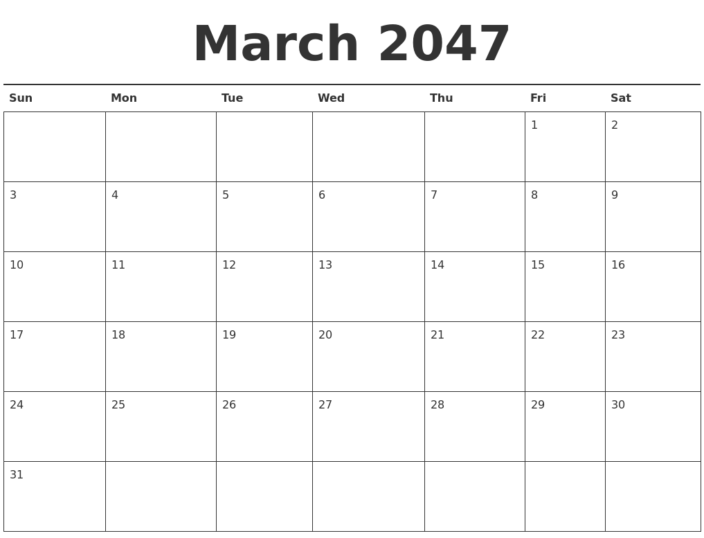 March 2047 Calendar Printable