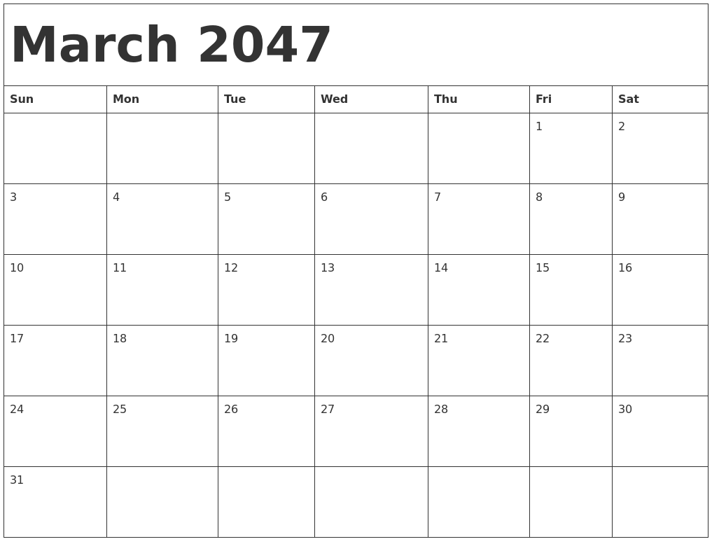 March 2047 Calendar Template