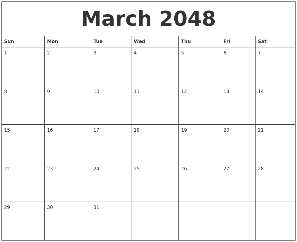March 2048 Month Calendar Template