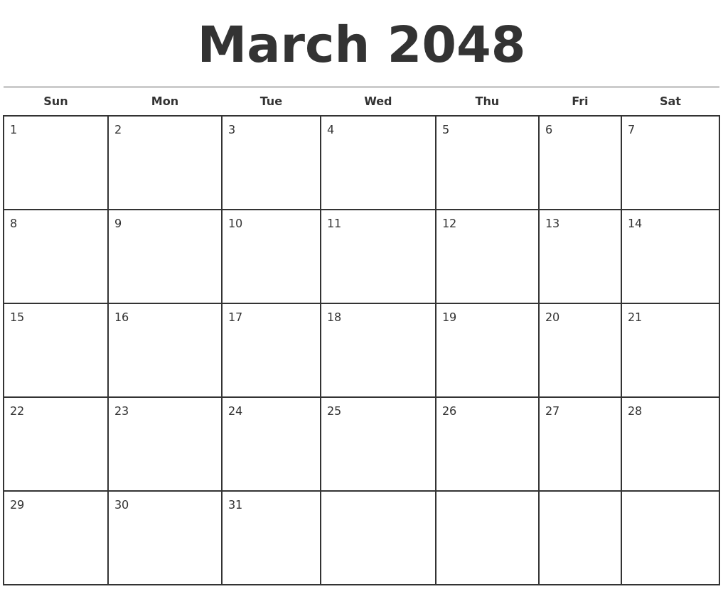 March 2048 Monthly Calendar Template