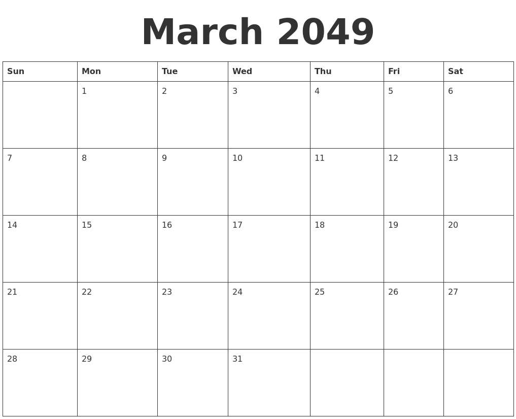March 2049 Blank Calendar Template