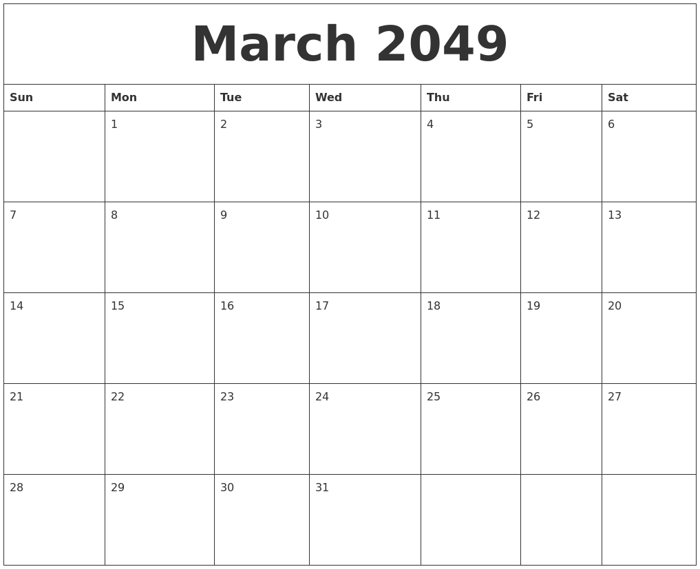 March 2049 Blank Monthly Calendar Template