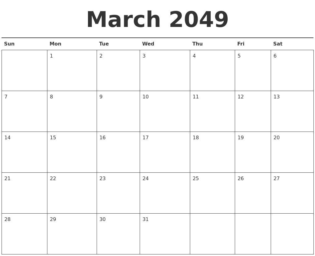 March 2049 Calendar Printable