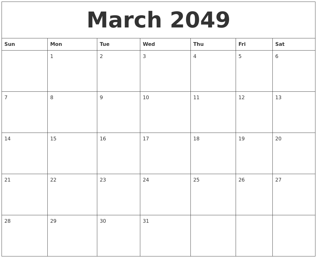 March 2049 Cute Printable Calendar