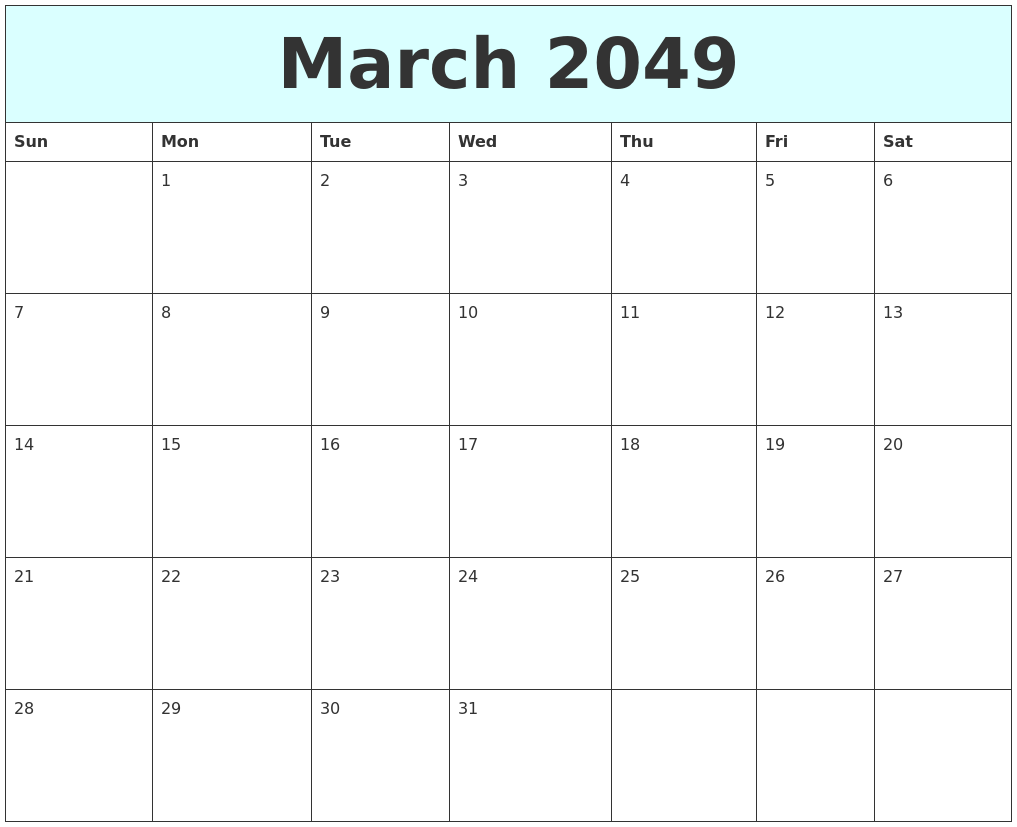 March 2049 Free Calendar