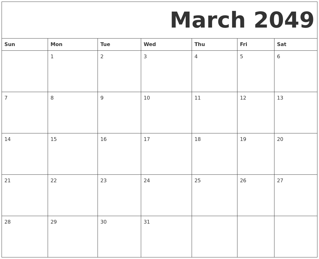 March 2049 Free Printable Calendar