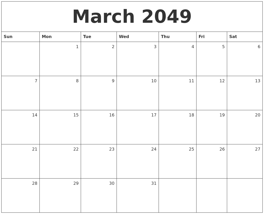 March 2049 Monthly Calendar