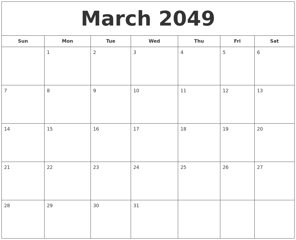 March 2049 Printable Calendar