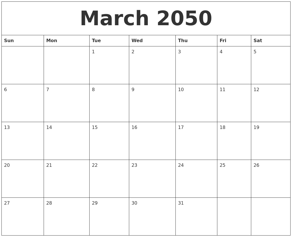 March 2050 Month Calendar Template