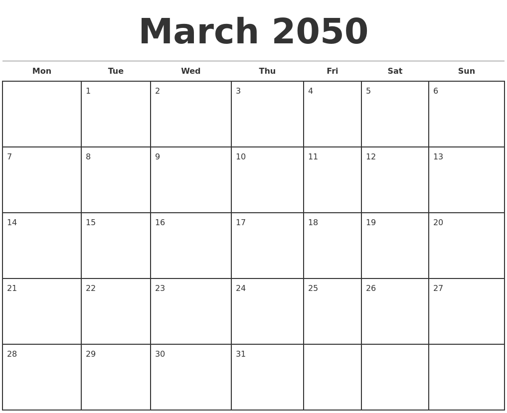 March 2050 Monthly Calendar Template