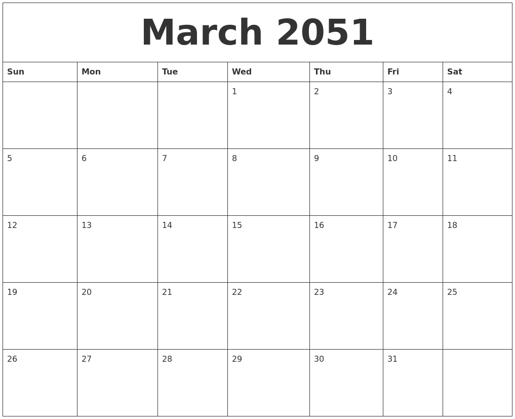 March 2051 Blank Monthly Calendar Pdf