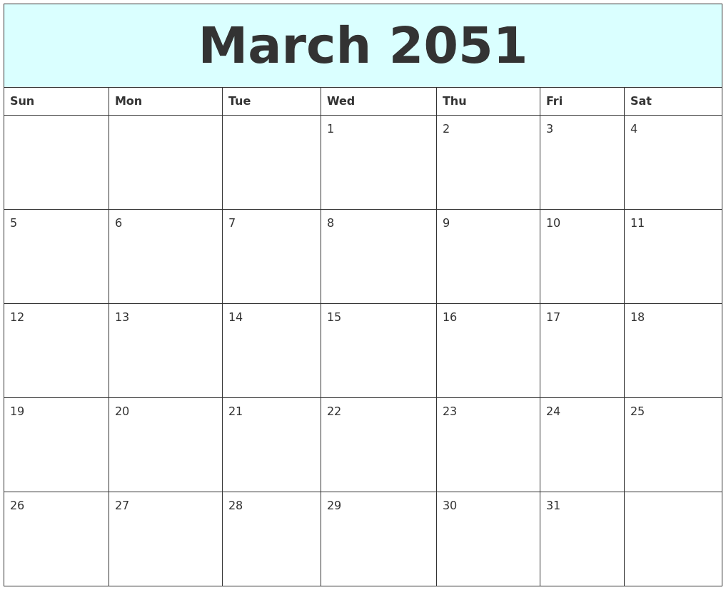 March 2051 Free Calendar