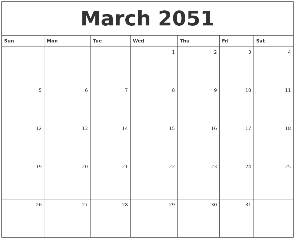 March 2051 Monthly Calendar