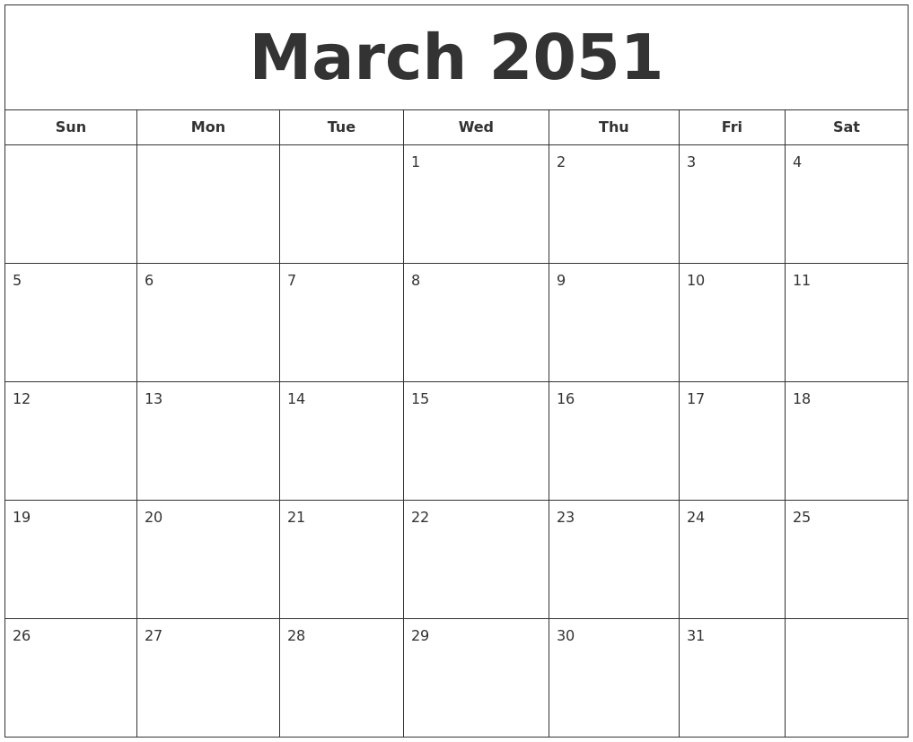 March 2051 Printable Calendar