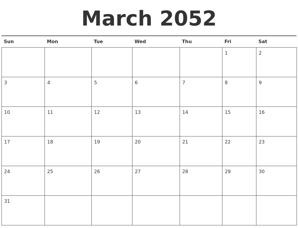 March 2052 Calendar Printable