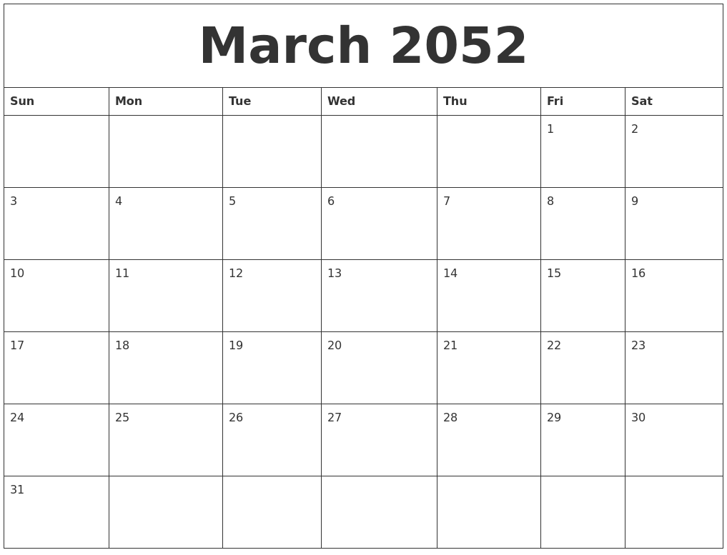 March 2052 Free Calendar Printables