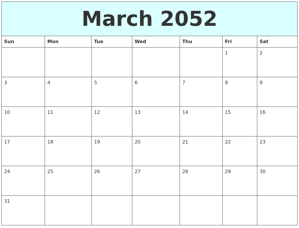 March 2052 Free Calendar