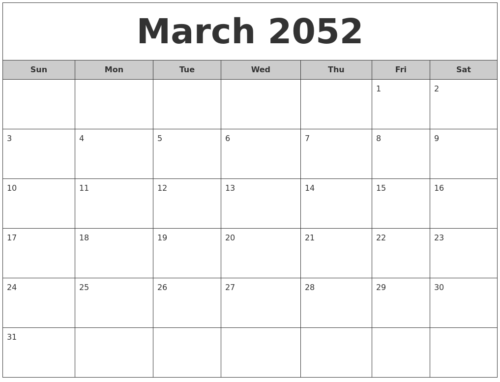 March 2052 Free Monthly Calendar
