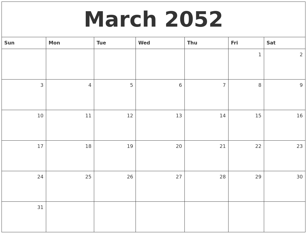 March 2052 Monthly Calendar