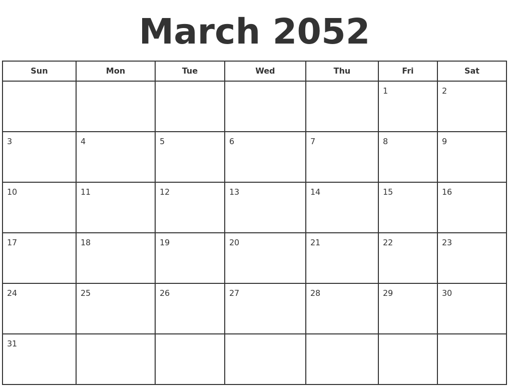 March 2052 Print A Calendar