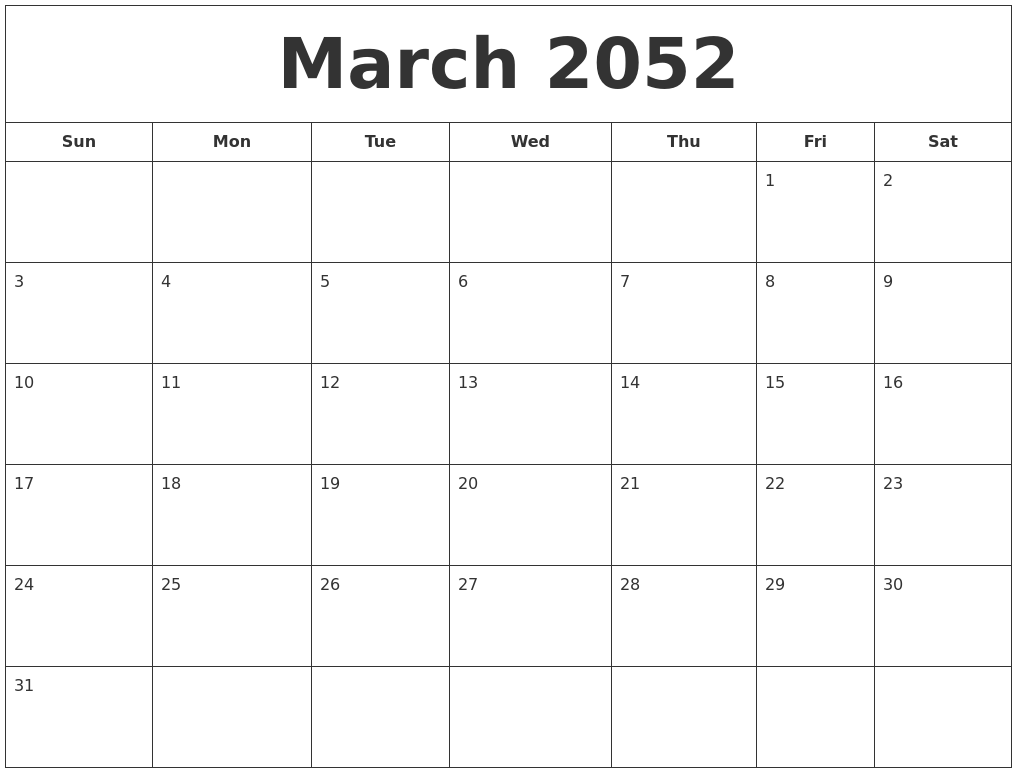 March 2052 Printable Calendar