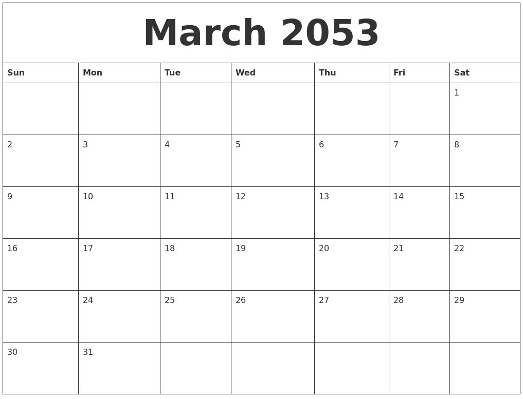 March 2053 Printable Daily Calendar