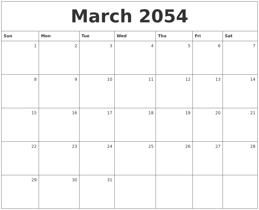 March 2054 Monthly Calendar