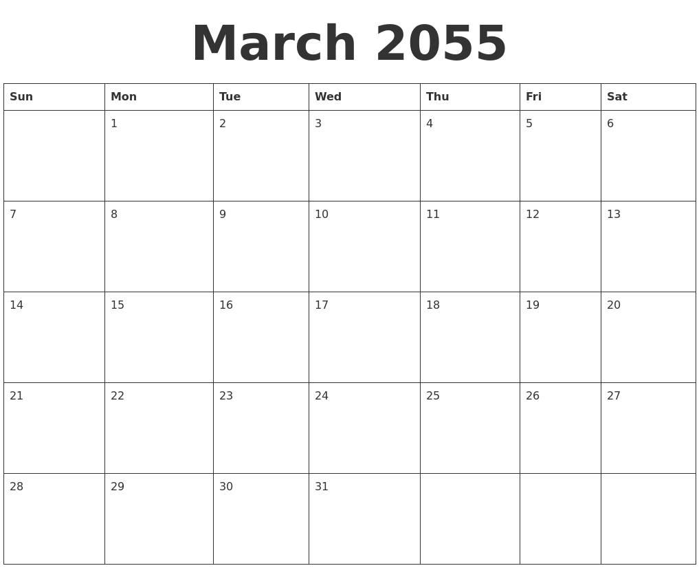 March 2055 Blank Calendar Template