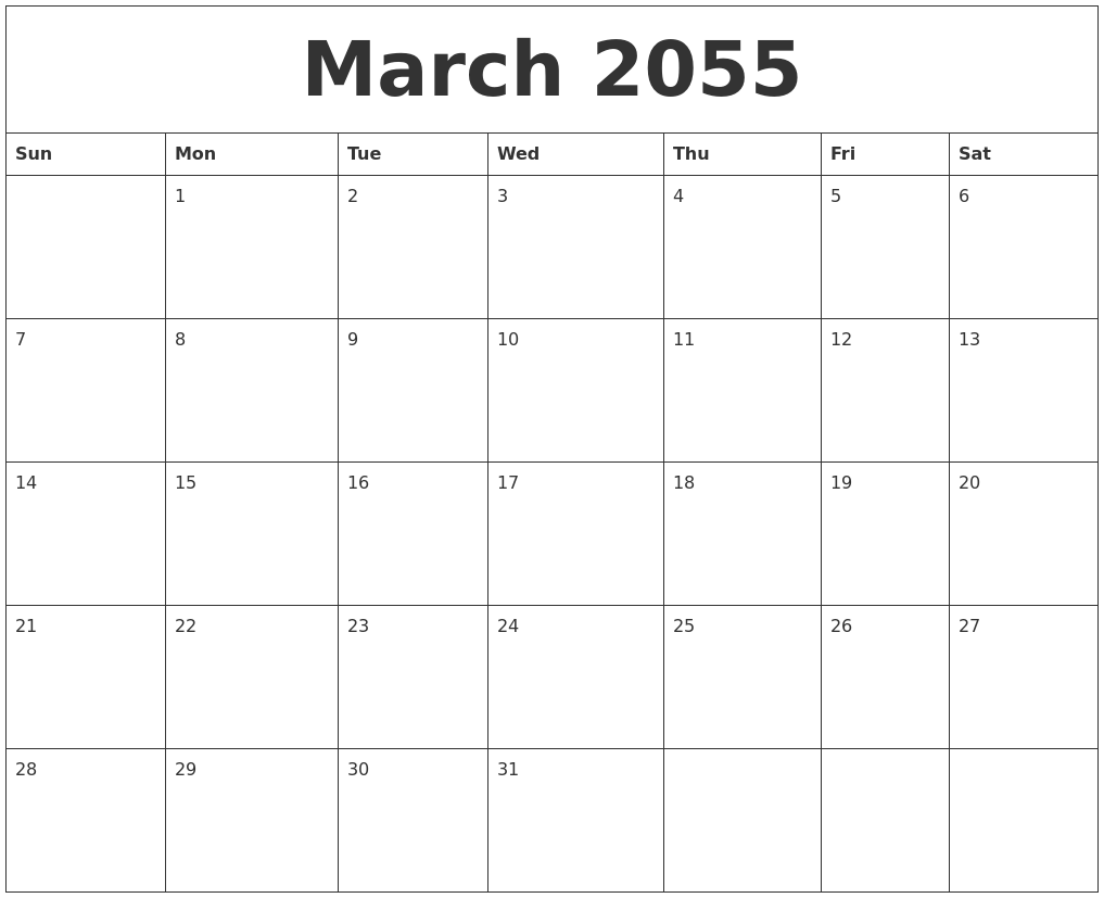 March 2055 Calendar Printable Free
