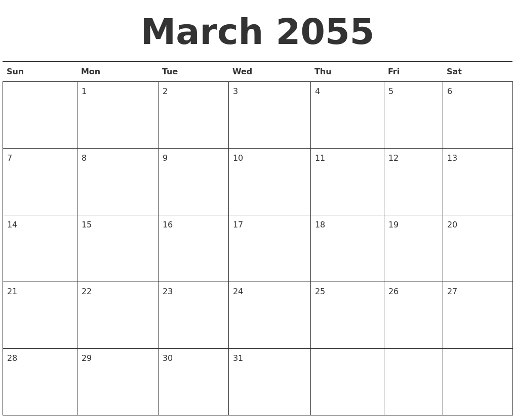 March 2055 Calendar Printable