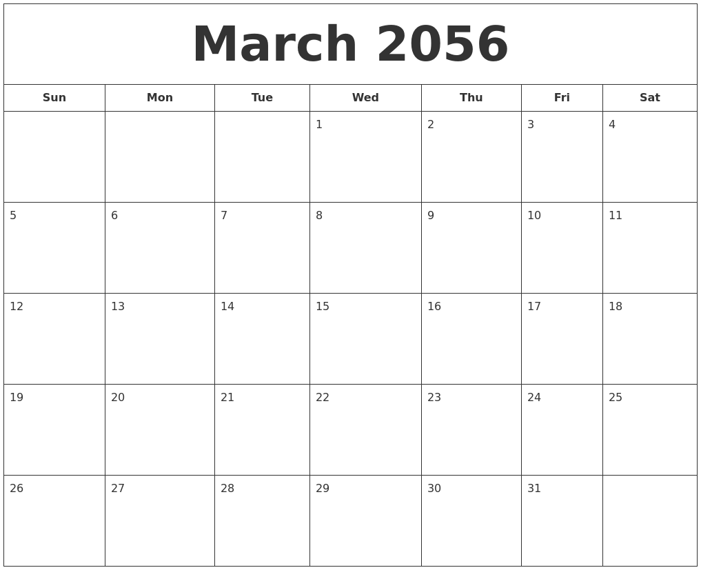 March 2056 Printable Calendar