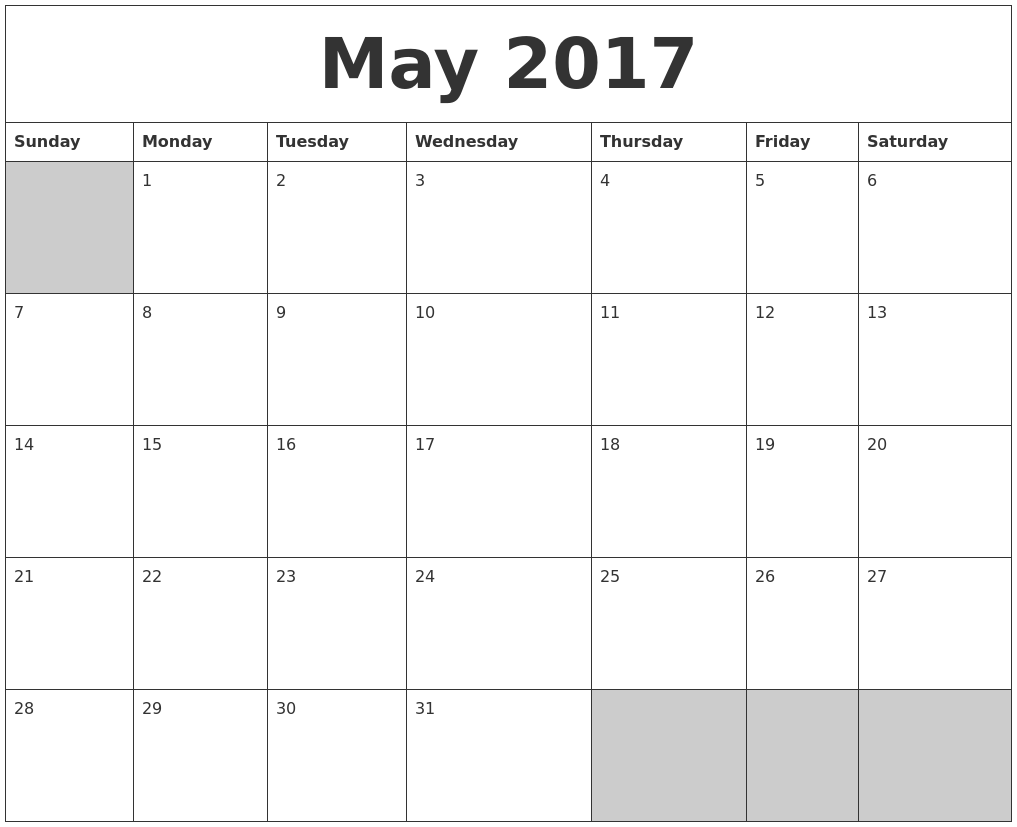 May 2017 Blank Printable Calendar