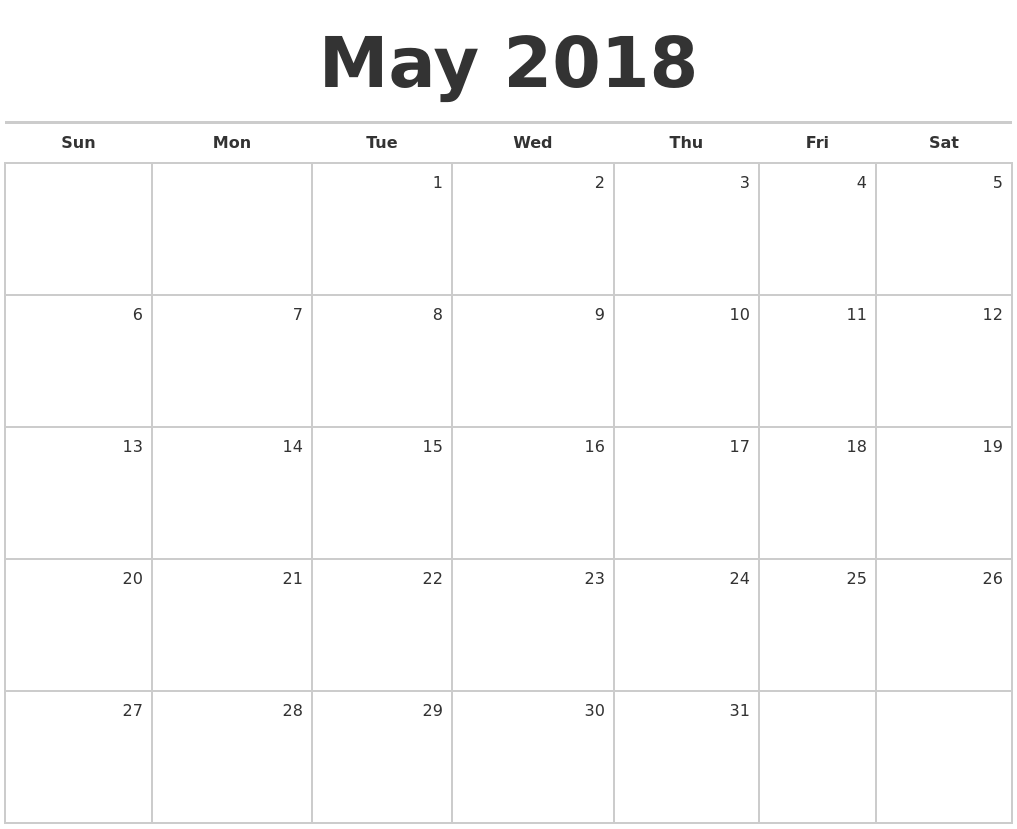 may 2018 blank monthly calendar