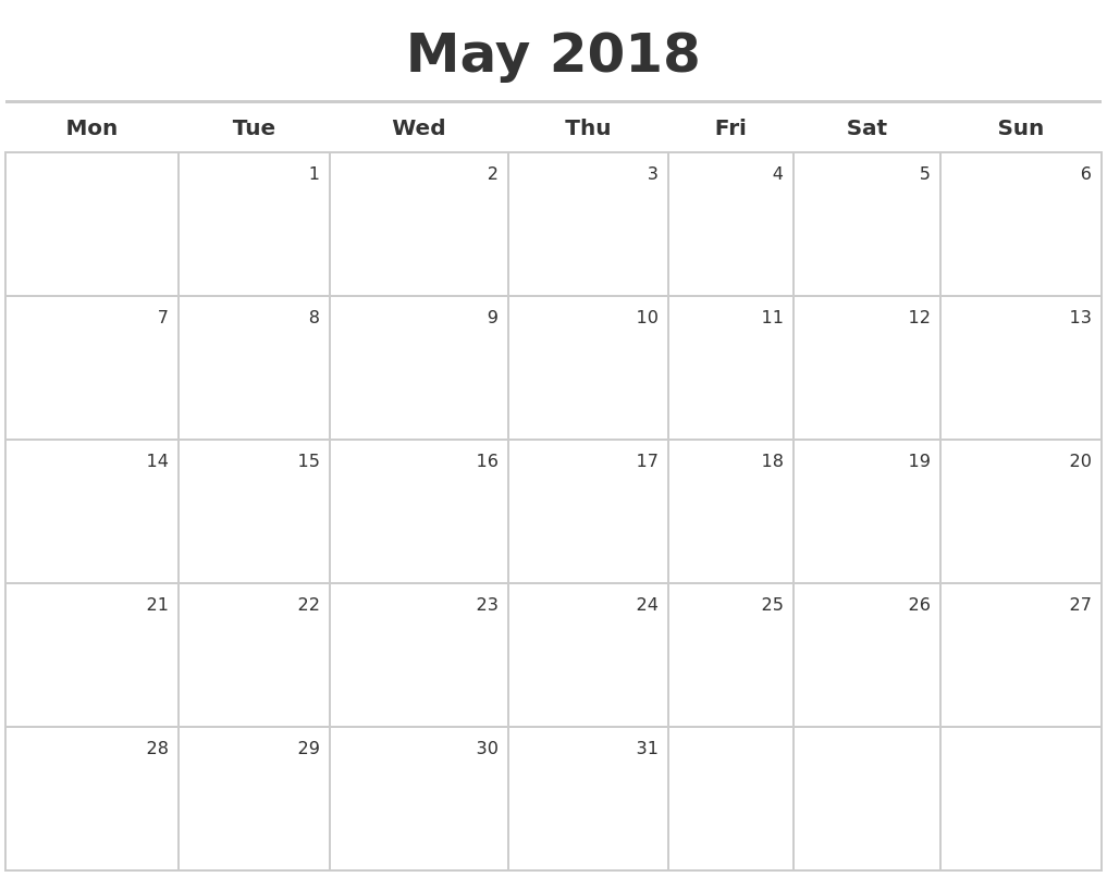 may 2018 calendar maker monday start