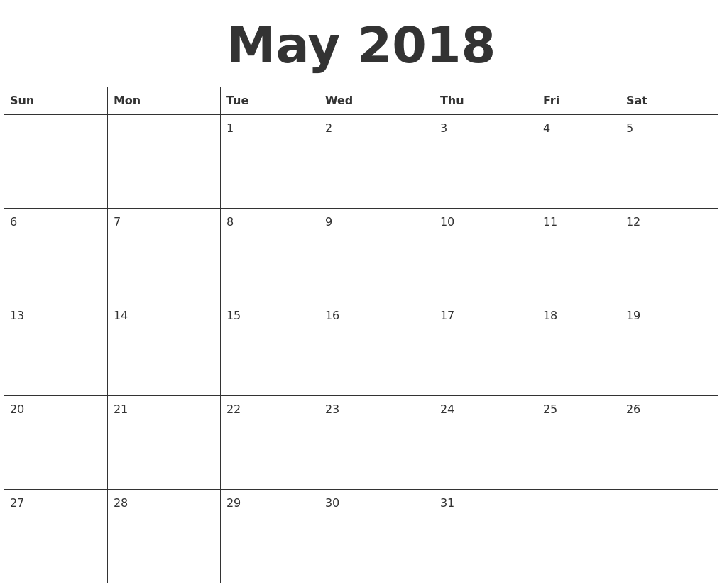 May 2018 Printable Calendar May 2018 Printable Monthly Calendar Bznuko