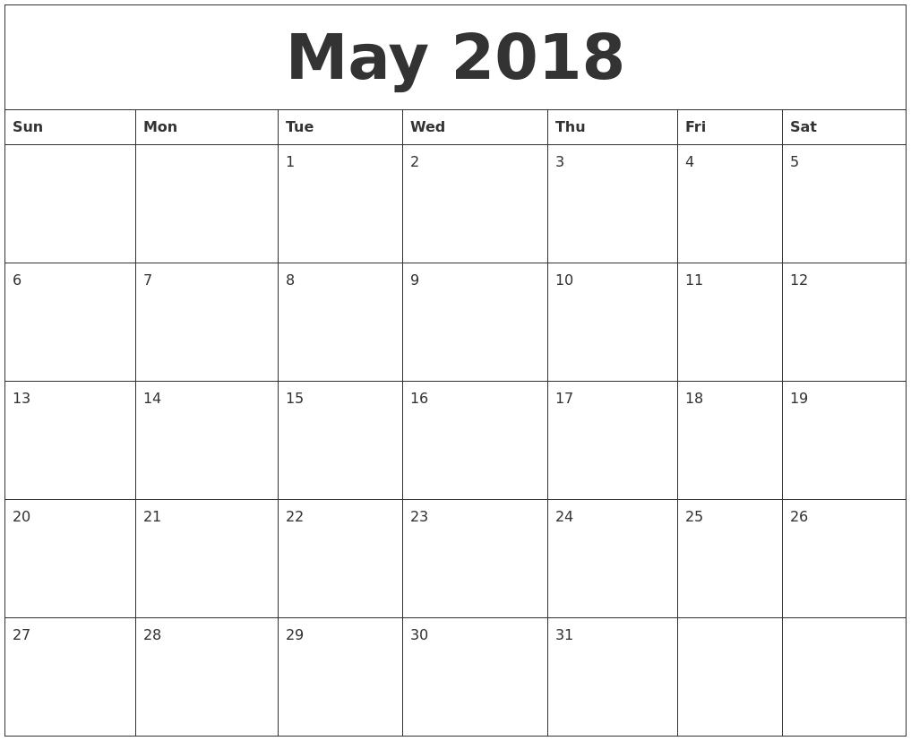 May 2018 Calendar To Print Out