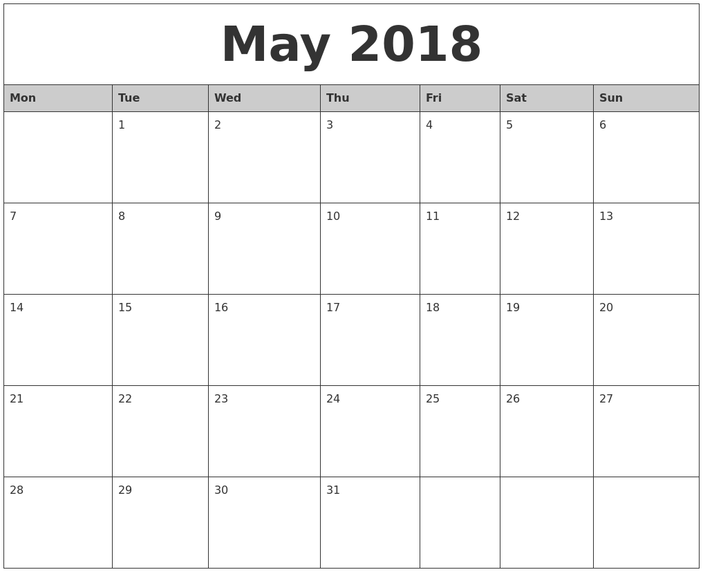 May 2018 Monthly Calendar Printable